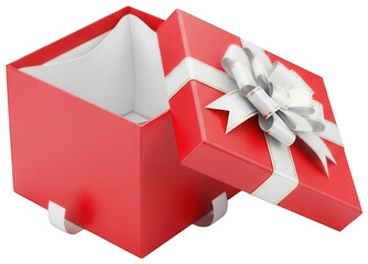 Open red cardboard gift box with white lining and silver ribbon bow on lid