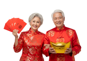 Senior asian couple in traditional red attire holding red envelopes and gold ingot on transparent background 