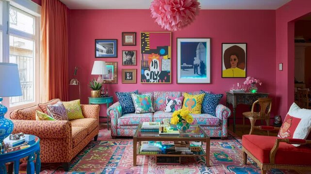 Vibrant interior design showcasing mix of patterns, textures, and bold colors.