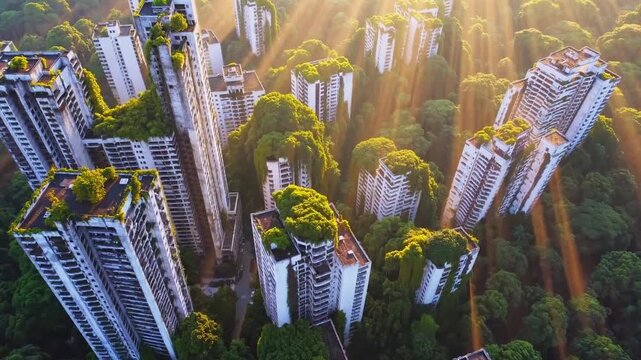 Aerial view of abandoned white towers overtaken by jungle, rooftop trees and vines, golden sunbeams at dawn, tall blocks in foreground and dense canopy in background, oppressive postapocalyptic atmosp