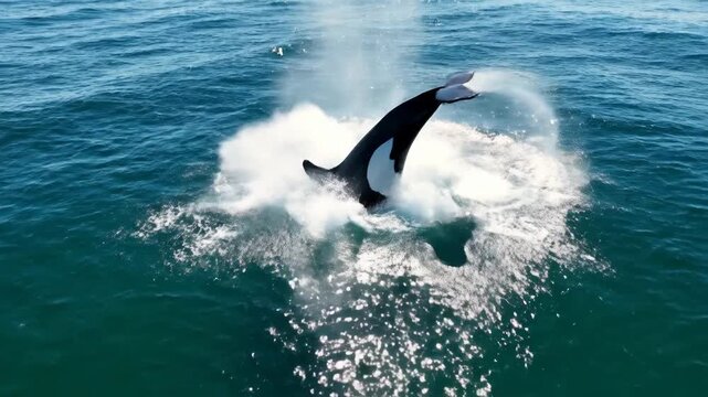 Orca Whale Breaching in a Calm Ocean Surface