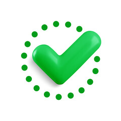 Vector realistic 3d Check mark in flat dotted circle icon. Trendy plastic green checkmark, select circle icon on white background. Green round yes button. 3d render tick sign for web, app, game.