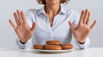 A woman is holding up her hands to stop herself from eating a plate of donuts. Concept of temptation and self-control, as the woman resists the urge to indulge in the sugary treats