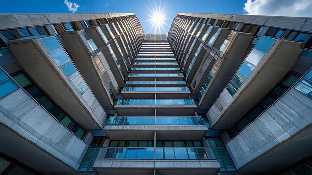 囲まれた中庭視点のマンションと青空が映す不動産