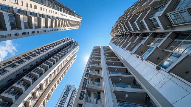 見上げる高層マンションと青空が象徴する不動産