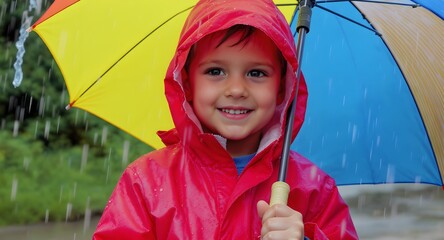 Happy Child in Red Raincoat Holding Colorful Umbrella in the Rain Smiling Portrait