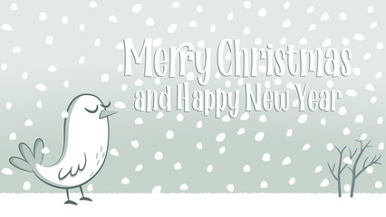 Christmas greeting with a small white bird in the snow. Christmas greeting with a snowy landscape with a small white bird with its eyes closed.