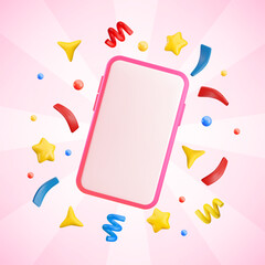 Vector cartoon 3d festive smartphone banner. Cute mobile phone mockup with confetti, sparkles, star on sunburst striped pink background. Realistic 3d render illustration winner, congratulation concept