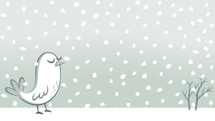 Little white bird in the snow. Illustration of a snowy landscape with a small white bird with its eyes closed.
