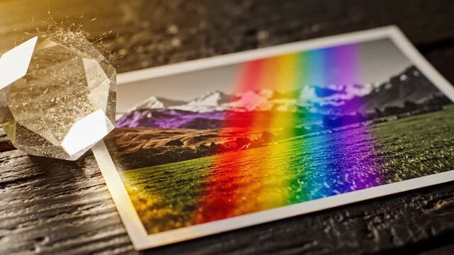 Prism Splits Light Revealing Rainbow Spectrum on Photograph
