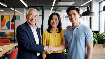 Senior Asian manager welcomes a young professional with a handshake in a modern office, celebrating a new business partnership and teamwork