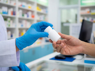 Hand giving medicine bottle pharmacy advertisement background healthcare drug medical treatment patient health care wellness doctor pharmacy copy space pharmacy prescription
