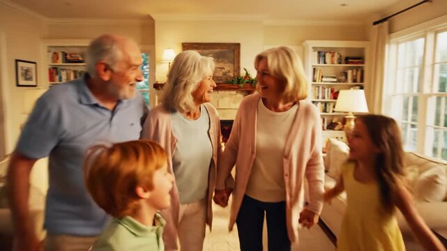 A joyful three-generation family with grandparents and grandchildren sharing a loving moment together in their sunlit home