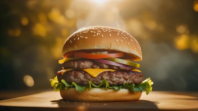 Savor a gourmet double cheeseburger, featuring two juicy beef patties, melted cheese, crisp fresh vegetables, and tangy pickles, perfectly assembled with a warm, inviting glow