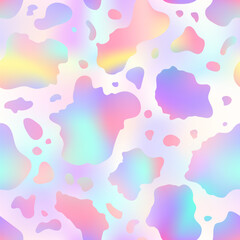 Abstract cow pastel rainbow seamless pattern. Vector animal skin print, cute holographic dalmatian spots on foil gradient background. Stylized spotted texture for textile, decoration, wrapping, cover.