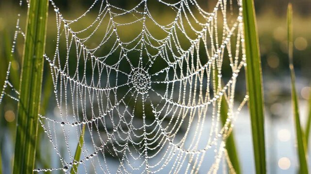 Intricate Spiderweb Covered in Countless Sparkling Dewdrops in Morning Sunlight Amidst Green Stems