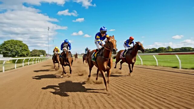 Jockeys and horses race intensely down a dirt track under a blue sky, kicking up dust in a display of speed and competition
