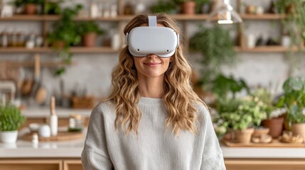 Young caucasian woman experiencing virtual reality in cozy kitchen setting
