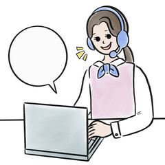 吹き出し付きの水彩風コールセンター女性のイラスト素材