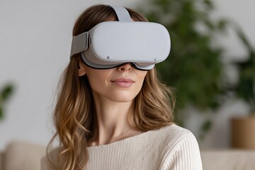 Young caucasian female experiencing virtual reality with headset indoors