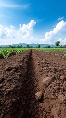 A field of dirt with a line in the middle. The sky is blue and there are clouds