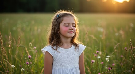 夕暮れの柔らかな光が降り注ぐ風に揺れる広々とした色とりどりの花咲く草原で無邪気な少女が目を閉じ穏やかな微笑みを浮かべ至福を感じている温かい黄金色の光が彼女の髪を優しく包み込み輝かせ心を深く満たす穏やかな瞬間. AI Generated