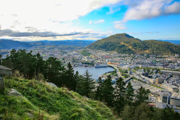 Beautiful views from the top of the Floibanen funicular and Mount Fl&oslash;yen. Spectacular panoramic view over the city, with buildings, fjords and mountains, Bergen, Norway.