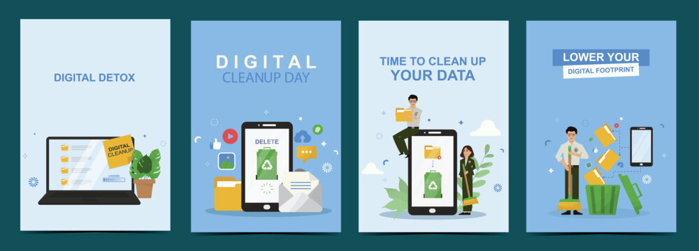 Digital detox and data cleanup poster pack. set of four digital detox and cleanup posters with laptop, smartphone and decluttering data. Lower digital footprint and online habits. Vector illustration