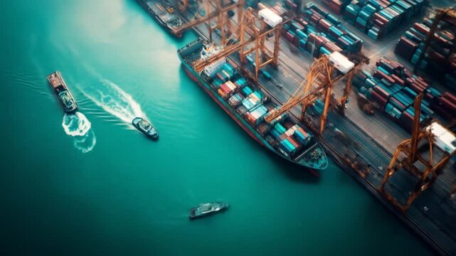 Aerial view of cargo ships and containers at the port during the day