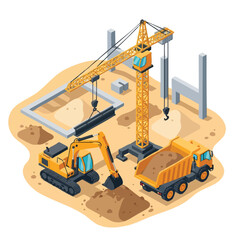 Isometric view of a busy construction site with heavy machinery, including an excavator, dump truck, and crane, actively working on a building project, illustrating urban development and engineering.