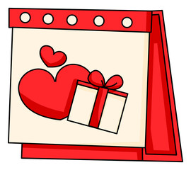 Cute Valentine calendar with heart and gift illustration in digital PNG style.