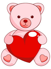 Cute teddy bear holding a big red heart, romantic and lovely Valentine cartoon illustration.