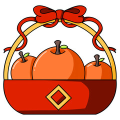 Chinese New Year orange gift basket with red ribbon and festive decoration.