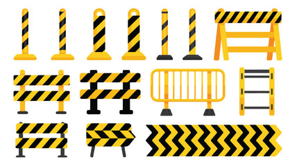 Industrial safety barriers and equipment arranged in a grid on a white background