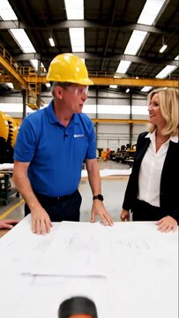 Two professionals in a factory setting reviewing blueprints and discussing project plans