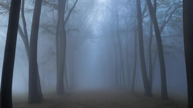 Foggy forest path with bare trees, misty blue tree lined trail and eerie quiet atmosphere