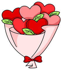 Beautiful bouquet of red and pink hearts wrapped in paper with a small red bow.