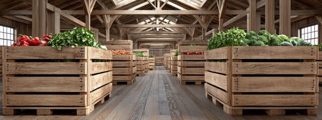 A large room with wooden crates of vegetables. The crates are stacked on top of each other and are filled with a variety of vegetables. The room is spacious and has a rustic feel to it