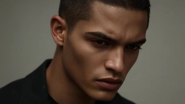 Male young adult portrait close up serious expression dramatic lighting serious young man portrait
