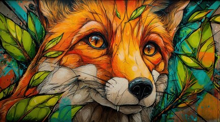 Fototapeta premium Vibrant fox portrait with colorful foliage and detailed eye expression