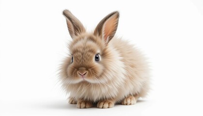 Obraz premium Adorable fluffy brown bunny sitting calmly isolated on a white background