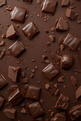 AI Image Of Chocolate Bar Chunks Spread Around On Brown Surface