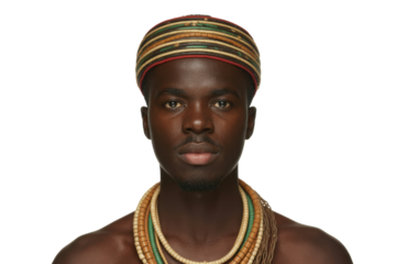 African man in traditional headdress and necklaces