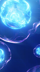 Abstract glowing blue energy cells floating in space, symbolizing biology, future science, artificial intelligence, and cellular technology