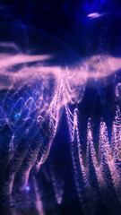 Abstract violet and blue glowing waves made of digital particles, symbolizing futuristic data transfer and connectivity