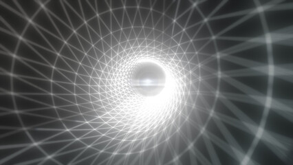 Bright white digital tunnel with geometric mesh structure creating a futuristic glowing path