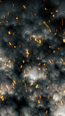 Dark smoky background with flying orange sparks, creating a dramatic industrial atmosphere with fire and motion