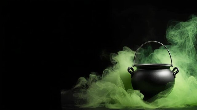 Black cauldron with green smoke and vapor swirling around pot of eerie potion brewing smoke