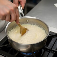 Chef stirring creamy sauce in a stainless steel pot on a gas stove.