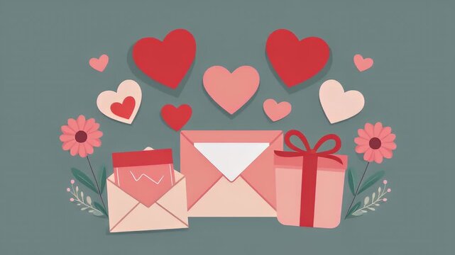 Romantic Valentine's Day Celebration with Hearts, Envelope, Gift Box, and Flowers